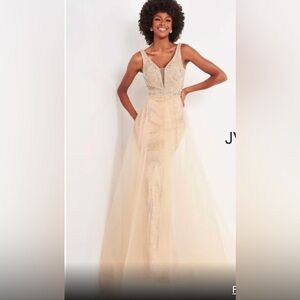 Jovani JVN2343 Beaded Nude/Ivory Gown w/ Chiffon Overlay- Size 10